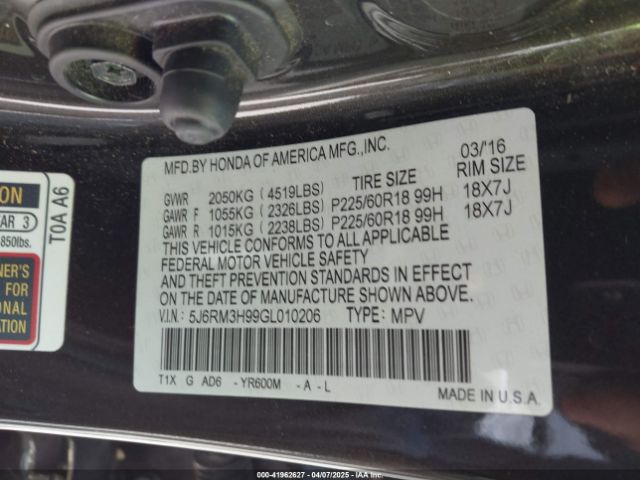 5J6RM3H99GL010206 Honda Cr-v Touring