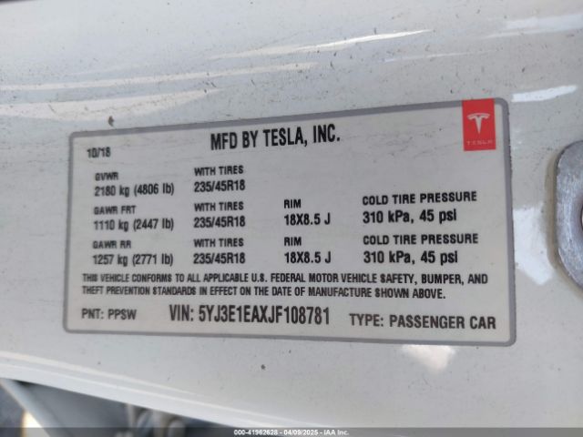 5YJ3E1EAXJF108781 Tesla Model 3 Long Range/mid Range