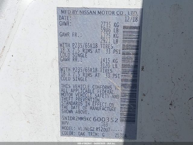 5N1DR2MM9KC600352 Nissan Pathfinder Sl
