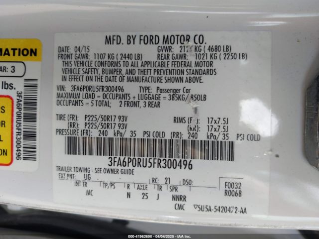 3FA6P0RU5FR300496 Ford Fusion Hybrid Titanium