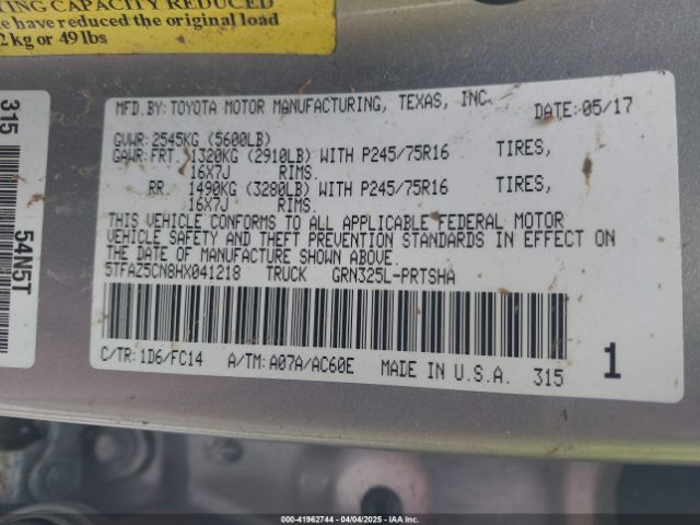 5TFAZ5CN8HX041218 Toyota Tacoma Sr5 V6