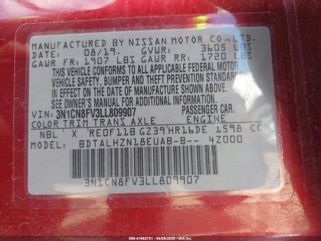 Aukcja sprzedaży 2020 Nissan Versa Sr Xtronic Cvt, vin: 3N1CN8FV3LL809907, numer aukcji: 41962751
