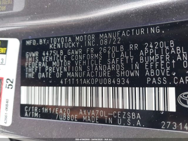 4T1T11AK0PU084934 Toyota CAMRY SE