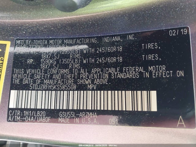 5TDJZRFH5KS585508 Toyota Highlander Xle