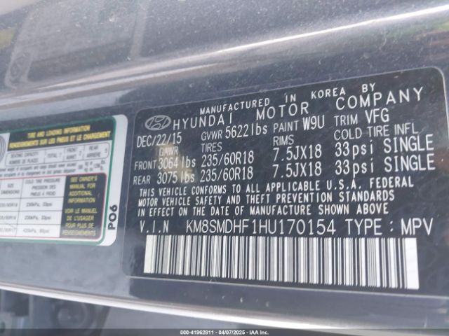 KM8SMDHF1HU170154 Hyundai Santa Fe Se