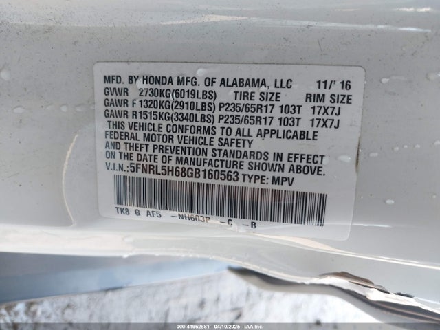 5FNRL5H68GB160563 Honda Odyssey Ex-l