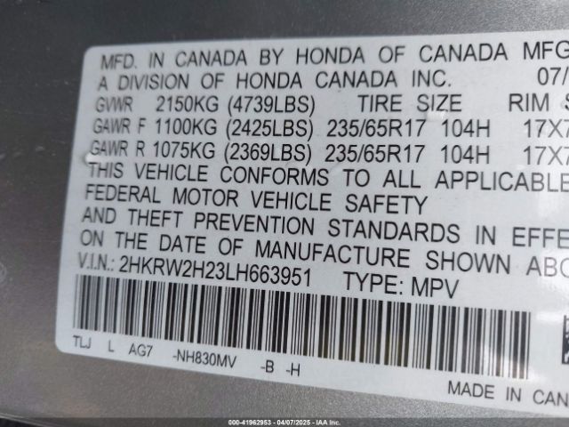 2HKRW2H23LH663951 Honda Cr-v Awd Lx