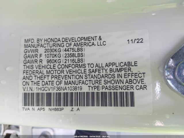 1HGCV1F36NA103819 Honda Accord Sport