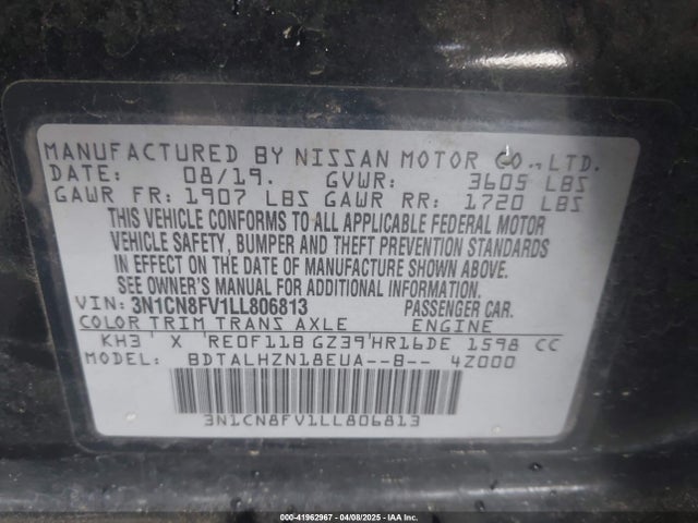 Nissan Versa Sr Xtronic Cvt 2020 3N1CN8FV1LL806813 Image 9