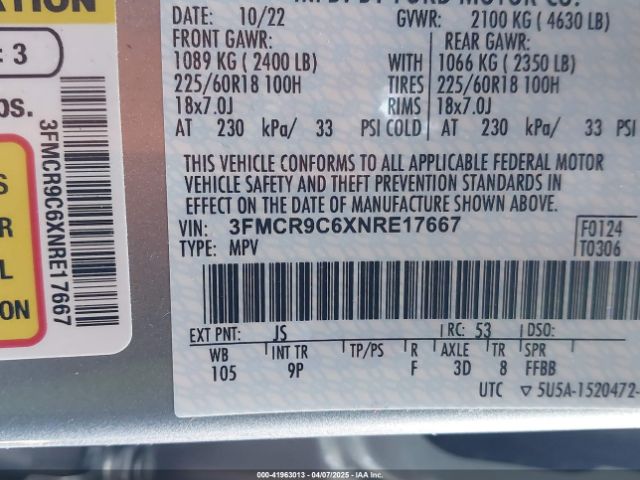 3FMCR9C6XNRE17667 Ford Bronco Sport Outer Banks