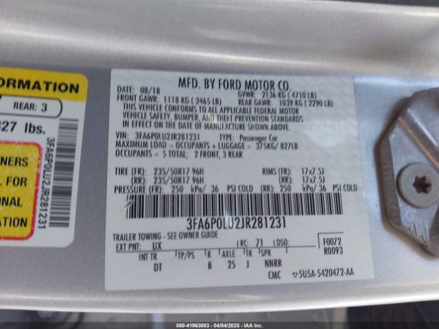 3FA6P0LU2JR281231 Ford Fusion Hybrid Se