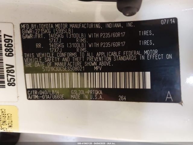 5TDYK3DC5ES508021 Toyota Sienna Xle V6 8 Passenger