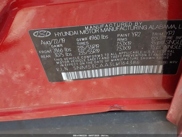 5NMS3CAA3LH164386 Hyundai Santa Fe Sel 2.0t