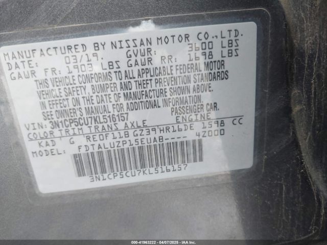 3N1CP5CU7KL516157 Nissan Kicks S/sr/sv