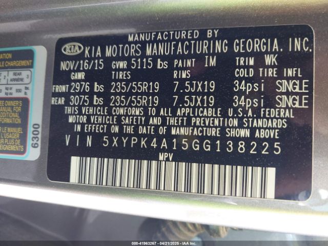 5XYPK4A15GG138225 KIA Sorento 2.0t Sxl