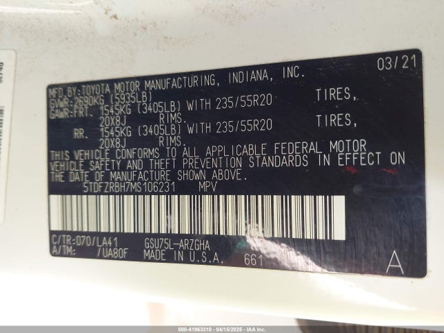 5TDFZRBH7MS106231 Toyota Highlander Platinum