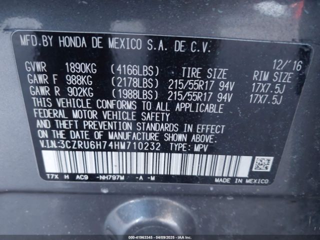 3CZRU6H74HM710232 Honda Hr-v Ex-l