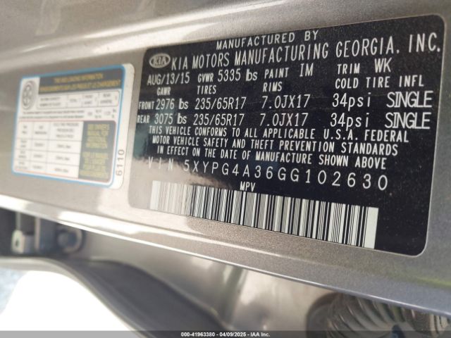 5XYPG4A36GG102630 KIA Sorento 2.4l Lx