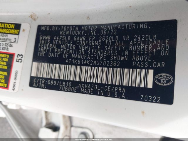 4T1K61AK2NU702362 Toyota CAMRY XSE