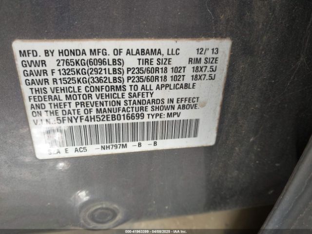 5FNYF4H52EB016699 Honda Pilot Ex-l