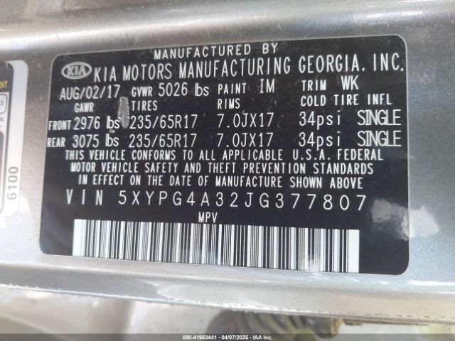 5XYPG4A32JG377807 KIA Sorento 2.4l Lx