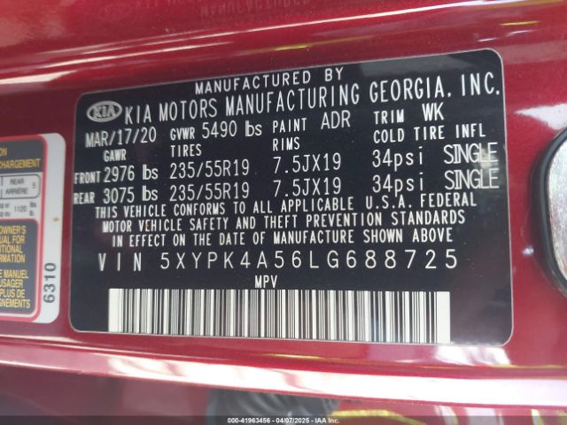 5XYPK4A56LG688725 KIA Sorento 3.3l Sx
