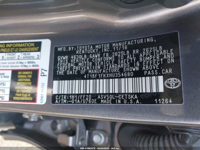 4T1BF1FKXHU354680 Toyota CAMRY SE