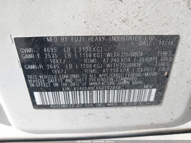 Subaru Outback 2.5i Limited 2015 4S4BSANC6F3262846 Image 9