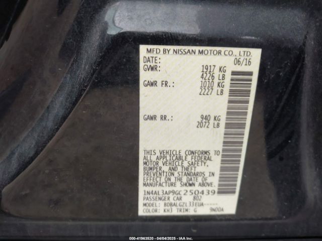 1N4AL3AP9GC250439 Nissan Altima 2.5/2.5 S/2.5 Sl/2.5 Sr/2.5 Sv