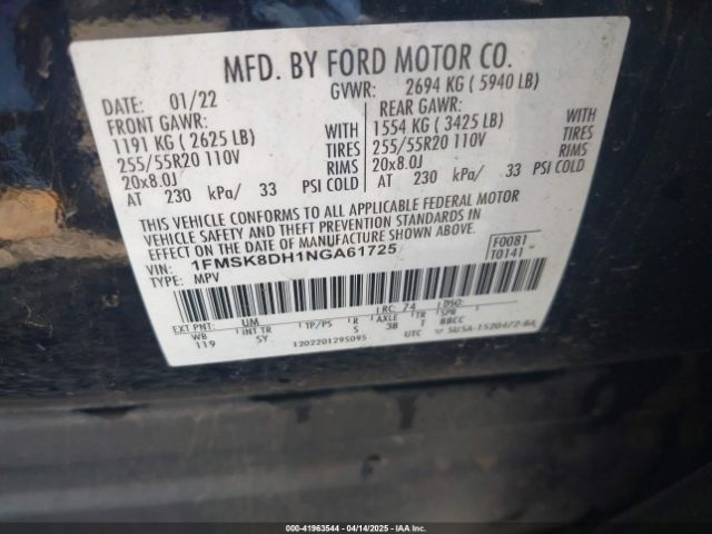 1FMSK8DH1NGA61725 Ford EXPLORER XLT