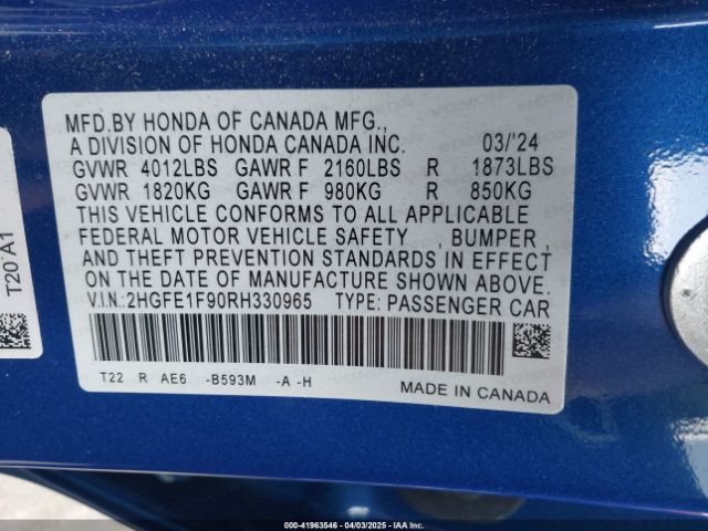 2HGFE1F90RH330965 Honda Civic Touring
