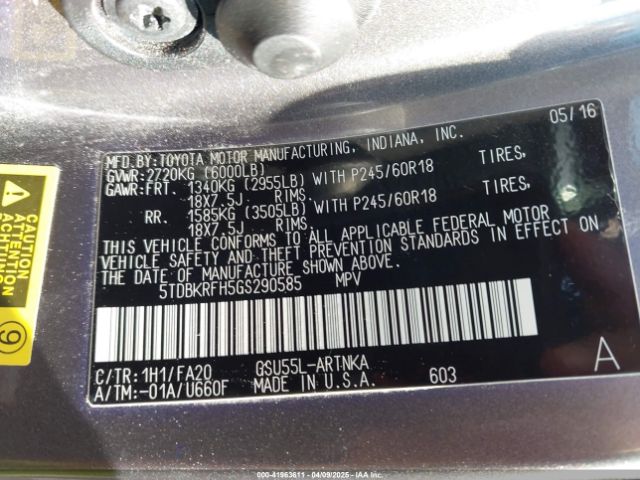 5TDBKRFH5GS290585 Toyota Highlander Le Plus V6