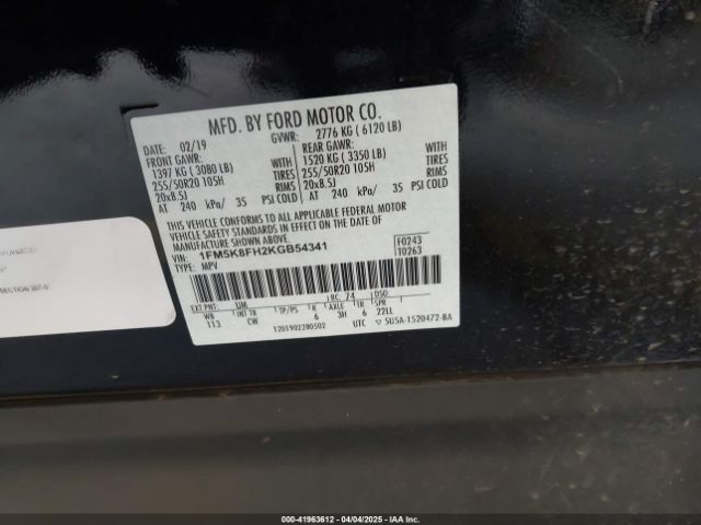 1FM5K8FH2KGB54341 Ford Explorer Limited