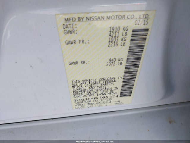 Продажа на аукционе авто 2015 Nissan Altima 2.5 S, vin: 1N4AL3AP4FN395374, номер лота: 41963628