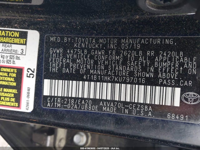 4T1B11HK7KU797016 Toyota CAMRY SE
