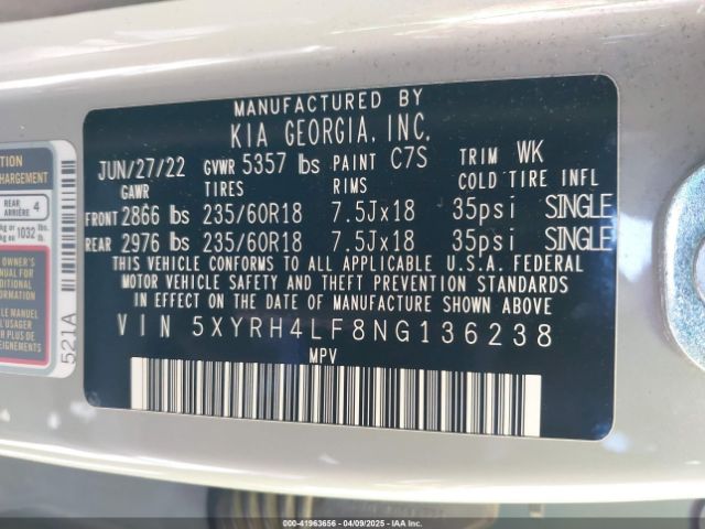 5XYRH4LF8NG136238 KIA SORENTO EX