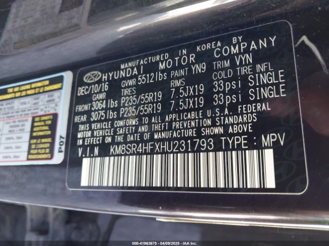 KM8SR4HFXHU231793 Hyundai Santa Fe Limited Ultimate