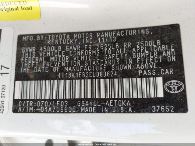 4T1BK1EB2EU083624 Toyota Avalon Xle Premium