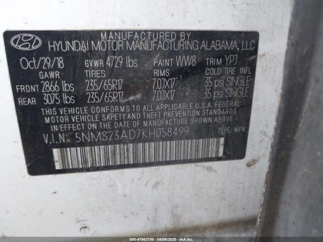 5NMS23AD7KH058499 Hyundai Santa Fe Se