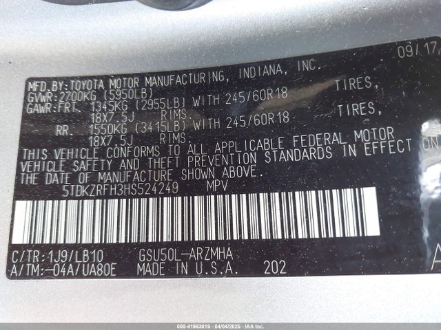 5TDKZRFH3HS524249 Toyota Highlander Xle