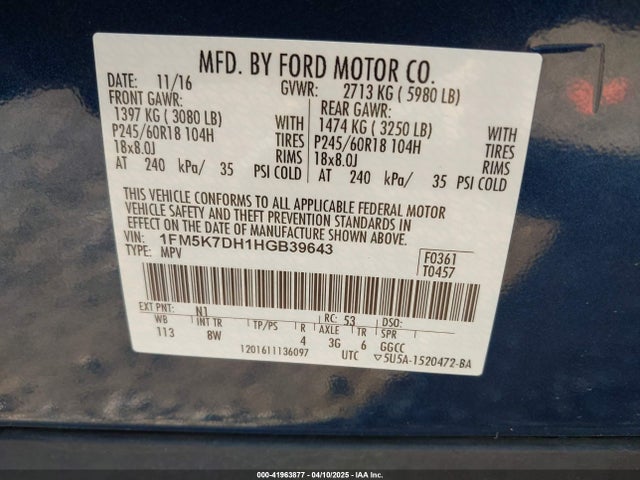 1FM5K7DH1HGB39643 Ford EXPLORER XLT