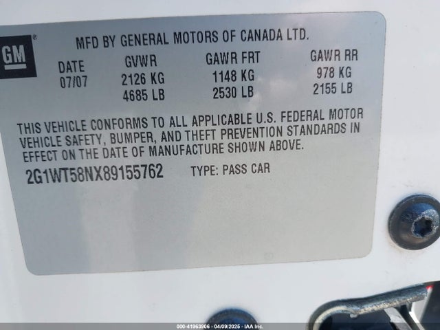 41963906 :رقم المزاد ، 2G1WT58NX89155762 vin ، 2008 Chevrolet Impala Lt مزاد بيع