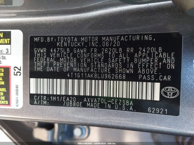 4T1G11AK8LU962668 Toyota CAMRY SE