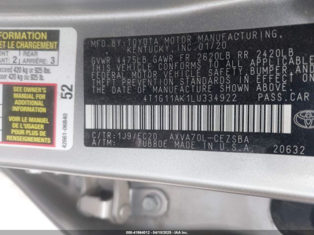 4T1G11AK1LU334922 Toyota Camry Se Nightshade