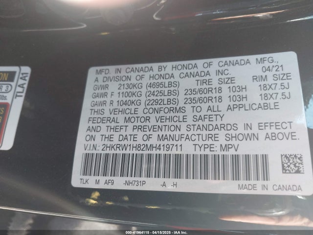 Продажа на аукционе авто 2021 Honda Cr-v 2wd Ex-l, vin: 2HKRW1H82MH419711, номер лота: 41964115