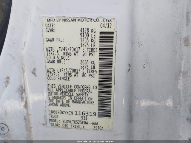 41964123 :رقم المزاد ، 1N6AF0KY7DN109101 vin ، 2013 Nissan Nv Cargo Nv2500 Hd Sv V8 مزاد بيع