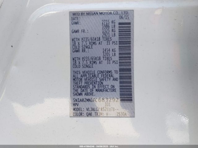 5N1AR2MN1FC683292 Nissan Pathfinder Sl