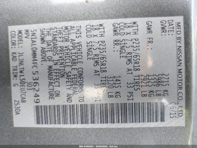 5N1AL0MM4FC536249 Infiniti 2015