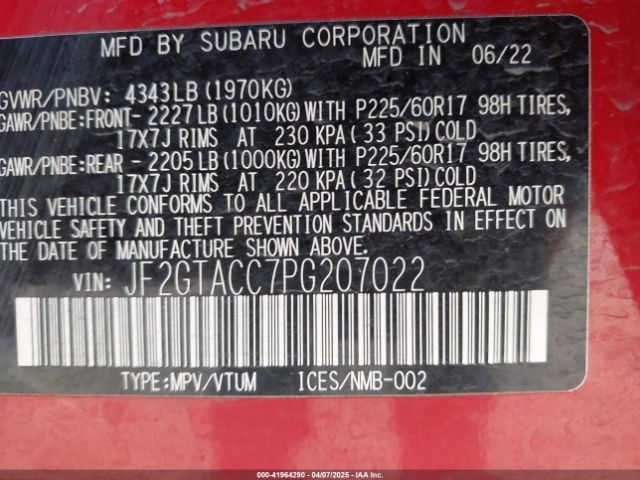 JF2GTACC7PG207022 Subaru Crosstrek Premium