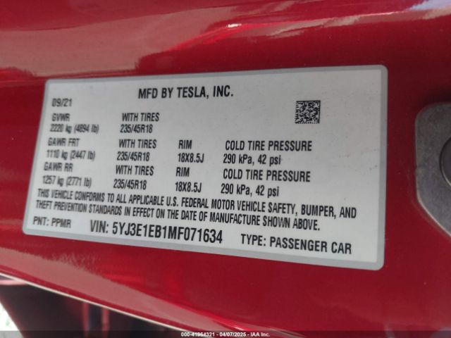 5YJ3E1EB1MF071634 Tesla Model 3 Long Range Dual Motor All-wheel Drive